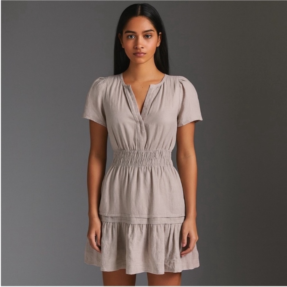 Anthropologie Somerset Mini Dress Tiered Boho Smocked Linen Tan Brown Size Xxs